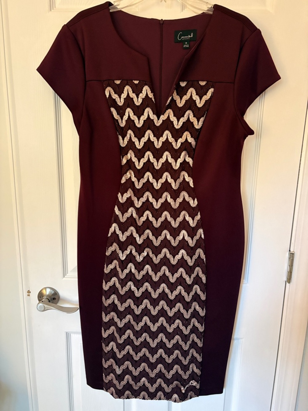 connected apparel Burgundy Midi Dress with Cream Chevron Panel